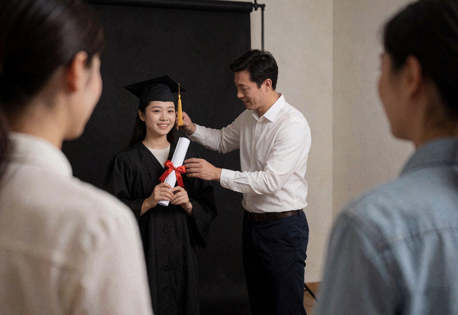 Photographe ajuste un bonnet de diplômé sur la tête d'un étudiant dans un studio photo professionnel avec un fond noir.