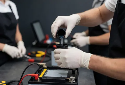 Un technicien portant des gants verse un liquide dans une batterie ouverte posée sur un comptoir, tandis que d'autres collègues travaillent en arrière-plan.