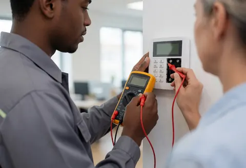 Un technicien effectue des tests sur une alarme murale à l'aide d'un multimètre dans un bureau, illustrant le service de réparation.