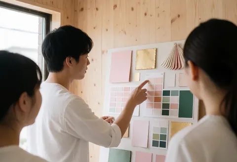 Un decorateur d'evenements pointe vers une palette de couleurs sur un mur en bois clair pendant qu'un client observe le processus de conception.