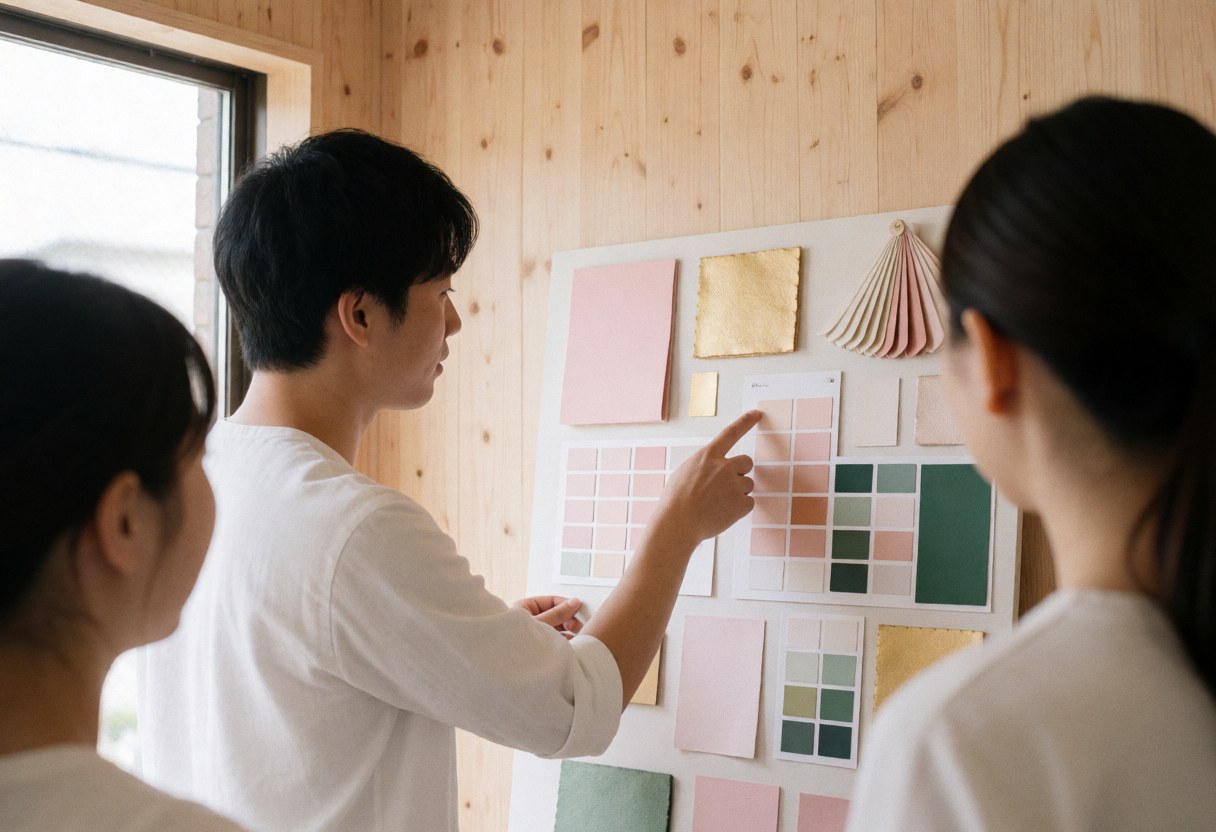Un decorateur d'evenements pointe vers une palette de couleurs sur un mur en bois clair pendant qu'un client observe le processus de conception.