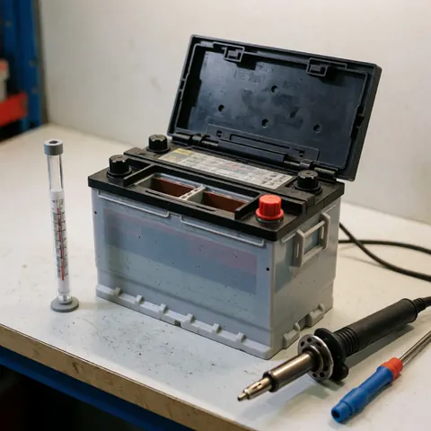 Batterie de voiture démontée posée sur une table d'atelier avec un hydromètre et un fer à souder pour la réparation.