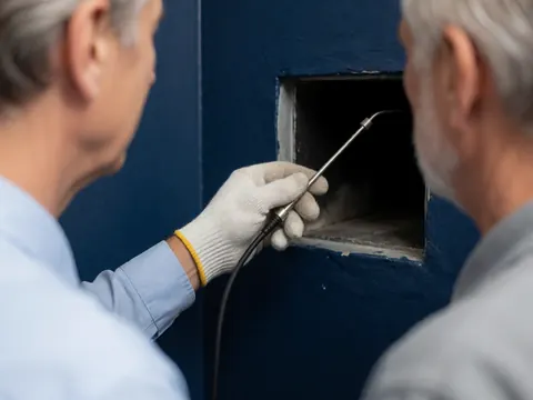 Un technicien portant des gants ajuste une sonde métallique dans un conduit de chauffage sur un mur bleu foncé, illustrant un service de réparation en cours.