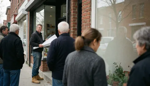Un homme tenant des plans présente un projet à un groupe de personnes devant une boutique en briques avec de grandes fenêtres.