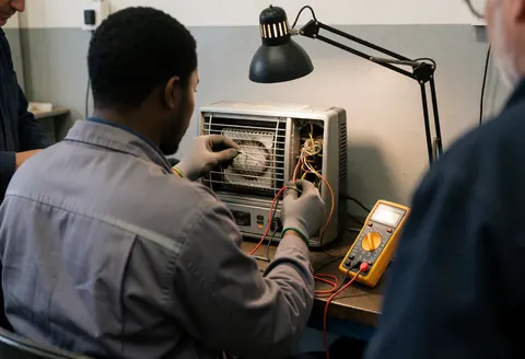 Un technicien en atelier répare un chauffe-eau portable à l'aide d'un multimètre, éclairé par une lampe de travail sur fond de murs gris.