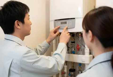 Un technicien en uniforme règle le panneau de commande digital d'une chaudière avec des tuyaux et des vannes visibles dans un environnement propre.