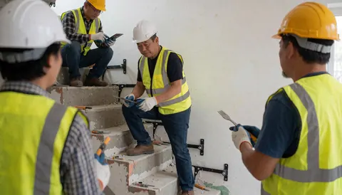 Des ouvriers en casques et gilets de sécurité posent des escaliers sur un chantier, les supports métalliques étant visibles contre un mur blanc.