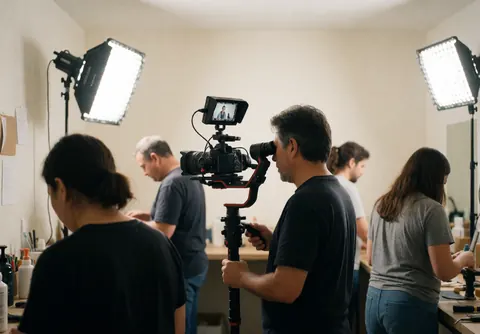 Vidéaste utilisant une caméra montée sur un système de stabilisation gimbal dans un studio équipé d'éclairages et d'un matériel de production visible.