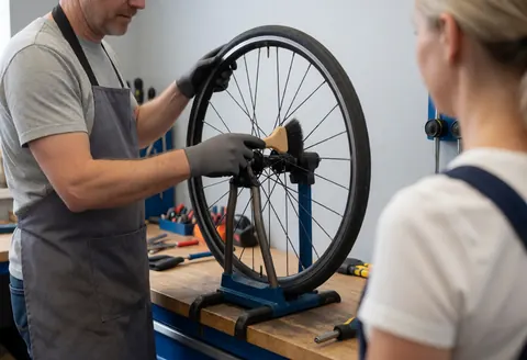 Un mécanicien portant gants et tablier nettoie les rayons d'une roue de vélo dans un atelier avec des murs gris et des outils visibles.