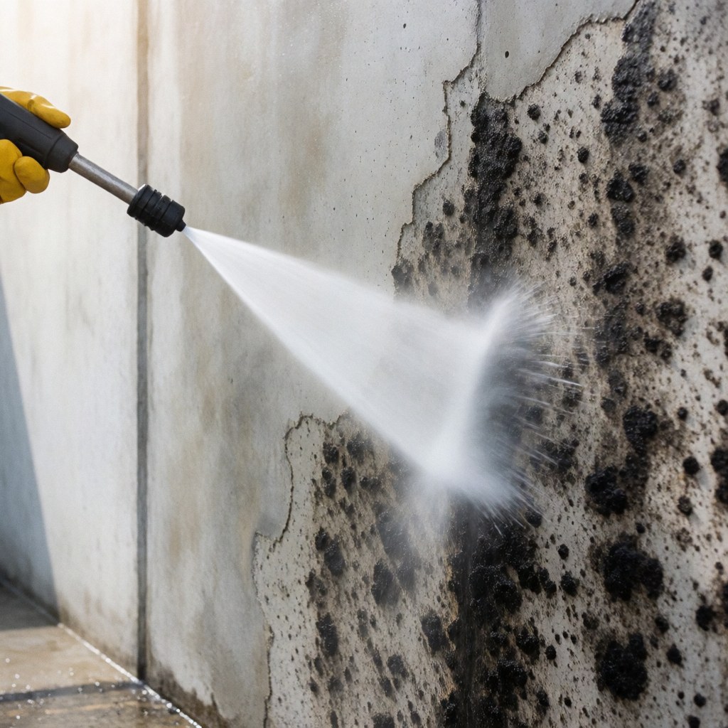 Un pistolet à eau sous pression élimine la moisissure noire d'un mur en béton lors d'un service de nettoyage industriel professionnel.