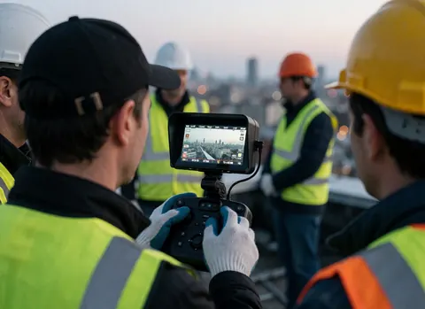 Un vidéaste en hauteur ajuste la mise au point avec une télécommande tandis que d'autres travailleurs casqués et gilets jaunes sont visibles en arrière-plan.