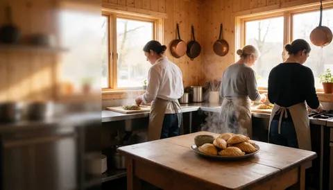 Trois personnes préparent des empanadas dans une cuisine aux murs en bois avec des poêles en cuivre suspendues et un plat d'empanadas en premier plan.