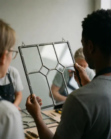 Une cliente inspecte attentivement une fenêtre en verre restaurée dans un atelier de vitrerie avec des outils visibles.