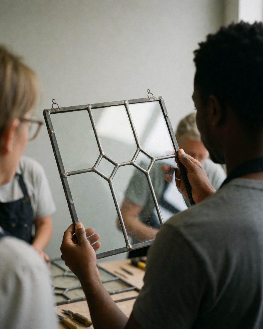 Une cliente inspecte attentivement une fenêtre en verre restaurée dans un atelier de vitrerie avec des outils visibles.