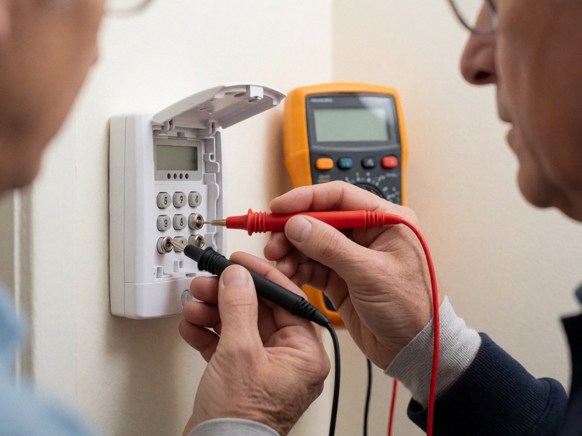 Un technicien utilise un multimètre pour tester les contacts du clavier d'une alarme de sécurité sur fond blanc, avec des outils visibles.