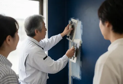 Un homme en uniforme blanc applique du composé avec une truelle sur un mur bleu, observé par deux personnes.