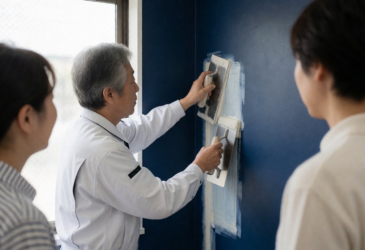 Un homme en uniforme blanc applique du composé avec une truelle sur un mur bleu, observé par deux personnes.