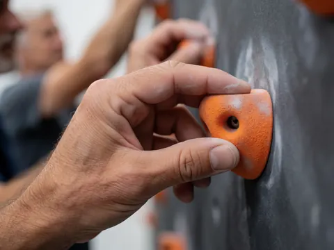 Gros plan d'une main adulte agrippant fermement une prise de mur d'escalade texturée de couleur orange vif, avec des traces de magnésie blanche sur les doigts.