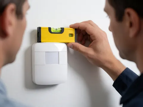Un technicien ajuste un capteur de mouvement blanc sur un mur à l'aide d'un niveau jaune pour assurer une réparation précise des systèmes d'alarme.