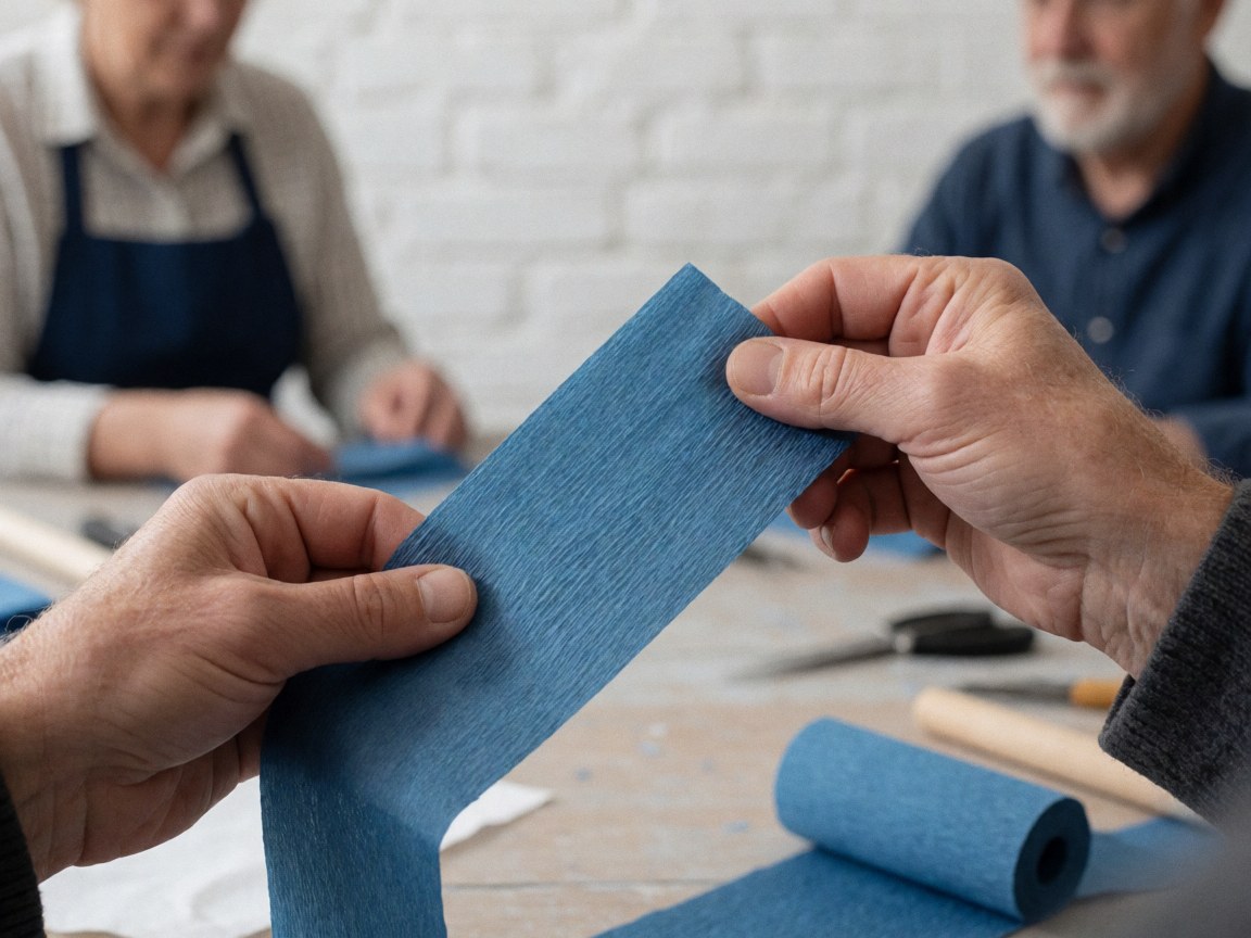 Des mains manipulant du papier crêpe bleu dans un atelier de décoration d'événements, avec un mur en briques blanches et des outils manuels sur une table de travail.