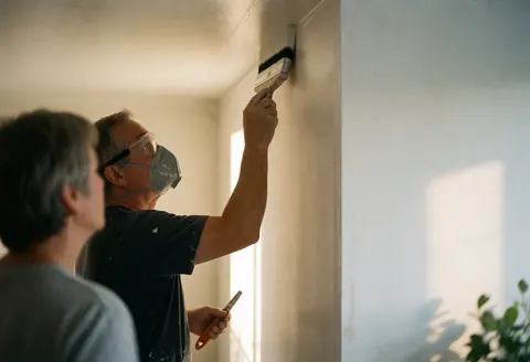 Un peintre portant un masque et des lunettes applique de la peinture blanche sur le coin d'un mur lisse pendant qu'une autre personne observe.