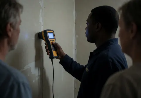 Un technicien professionnel utilise un appareil de détection de fuites sur un mur peint dans un environnement intérieur avec une lumière tamisée.
