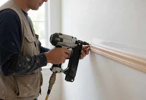 Un ouvrier installe une plinthe en bois sur un mur blanc à l'aide d'un pistolet pneumatique dans un intérieur baigné de lumière naturelle.