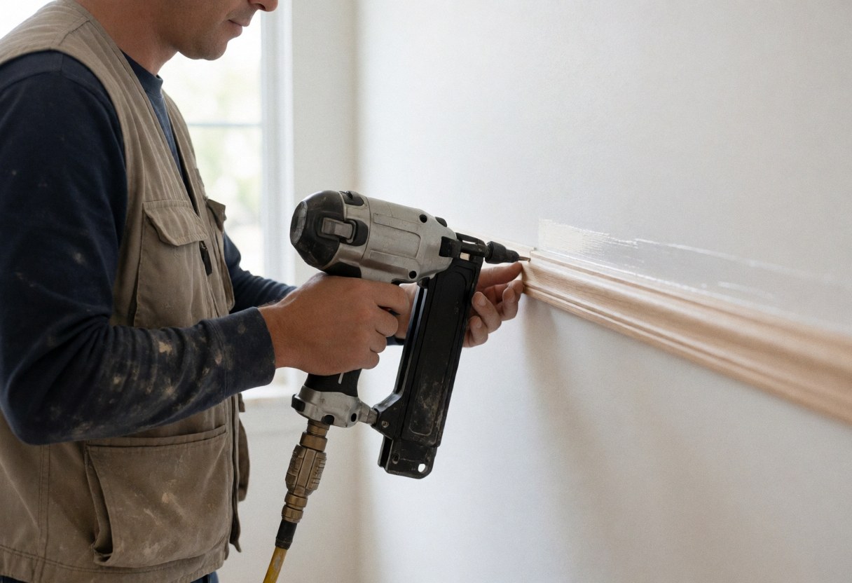 Un ouvrier installe une plinthe en bois sur un mur blanc à l'aide d'un pistolet pneumatique dans un intérieur baigné de lumière naturelle.