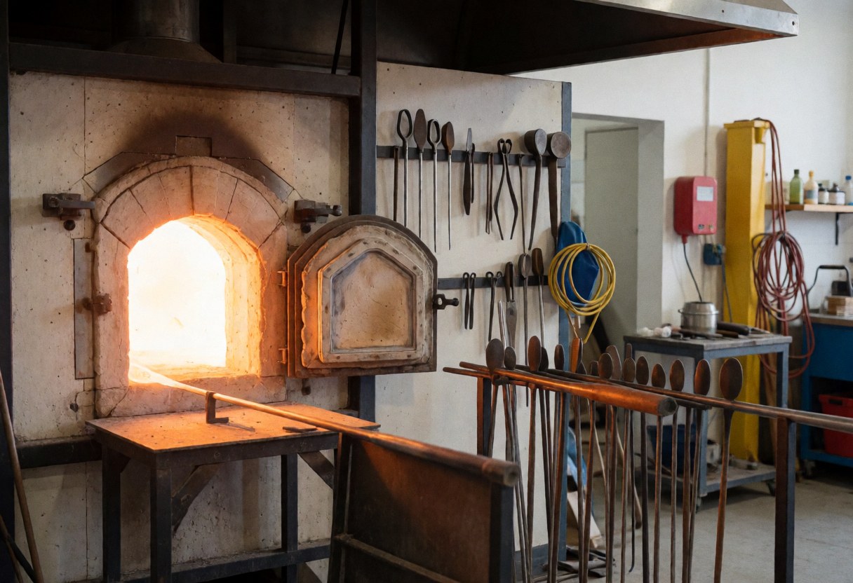 Four à verre allumé dans un atelier de verrerie industrielle, avec des outils suspendus, créant une ambiance chaleureuse et professionnelle.