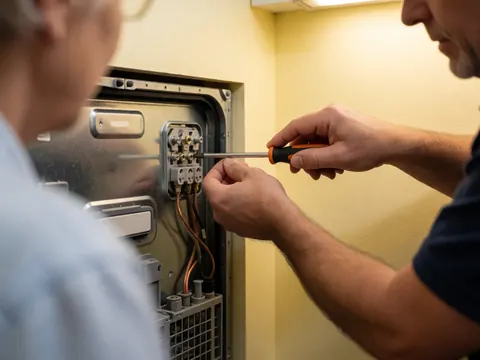 Un technicien répare un lave-vaisselle en ajustant une connexion électrique avec des outils, tandis qu'une autre personne observe la scène.