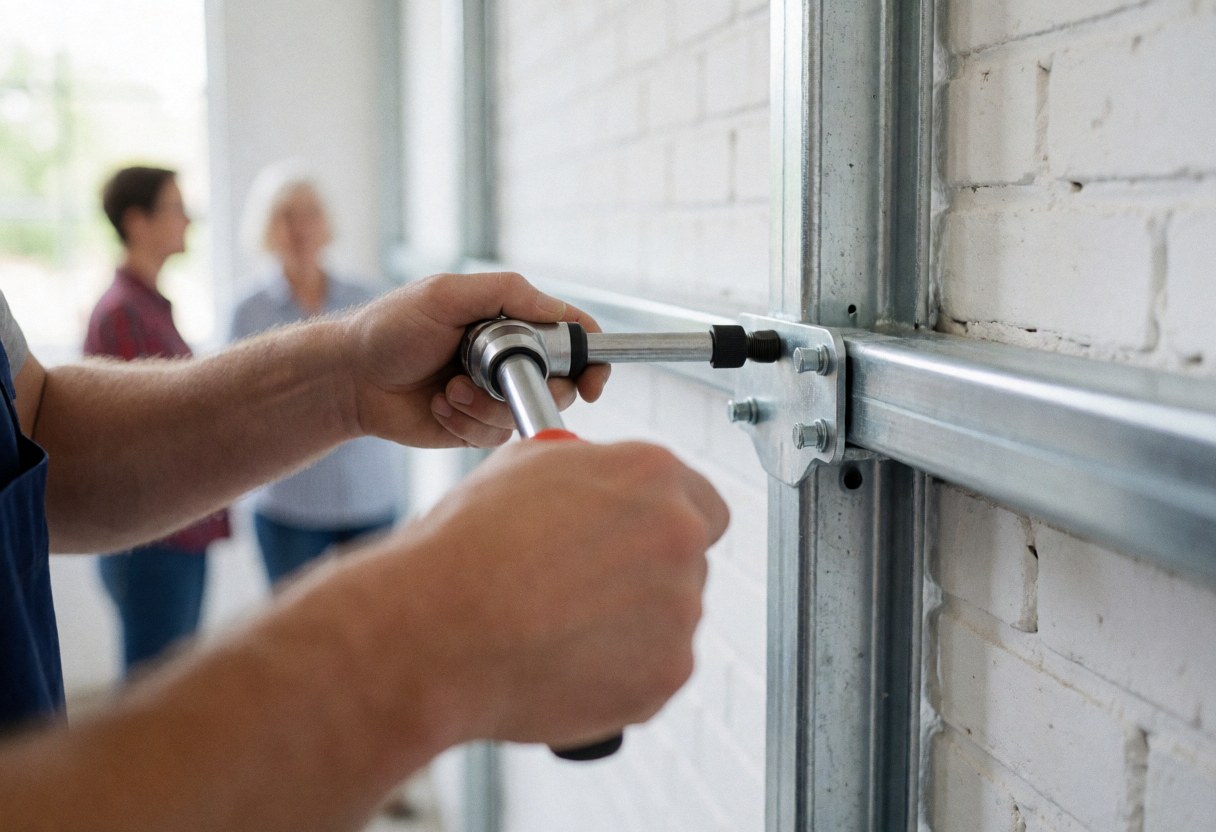 Un travailleur utilise une clé dynamométrique pour serrer des boulons sur une charpente en acier près d'un mur de briques blanches, avec un arrière-plan flou.