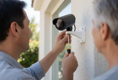 Un technicien installe une caméra de sécurité sur un mur extérieur avec un support blanc sous lumière naturelle.