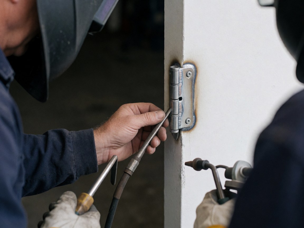 Un soudeur casqué et ganté ajuste une charnière sur une porte blanche, mettant en évidence le travail de soudure dans un atelier.
