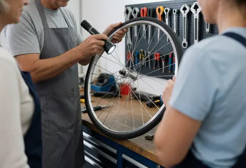 Un mécanicien examine attentivement la roue d'un vélo à l'aide d'une lampe dans un atelier équipé, tandis que des clients observent le service.