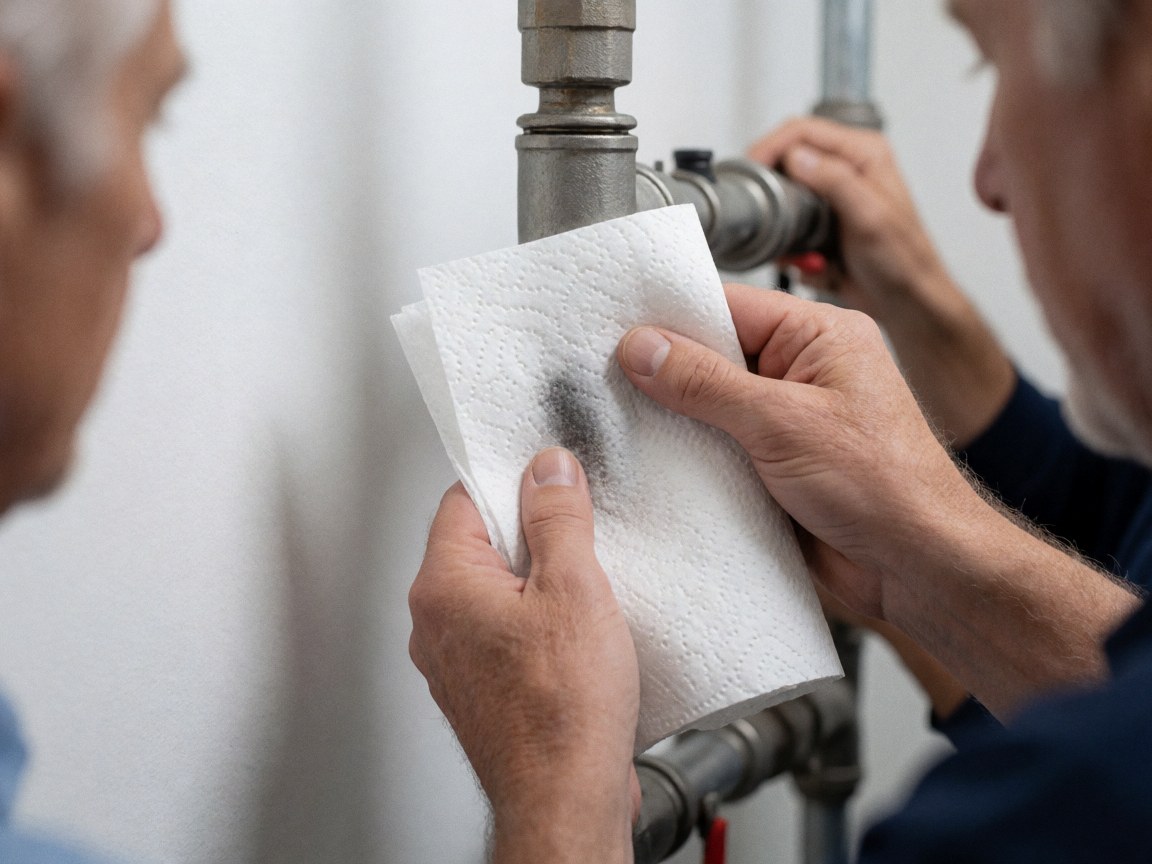 Une main tient une serviette absorbante avec une tache d'eau visible, suggérant un contexte de réparation ou de nettoyage industriel.