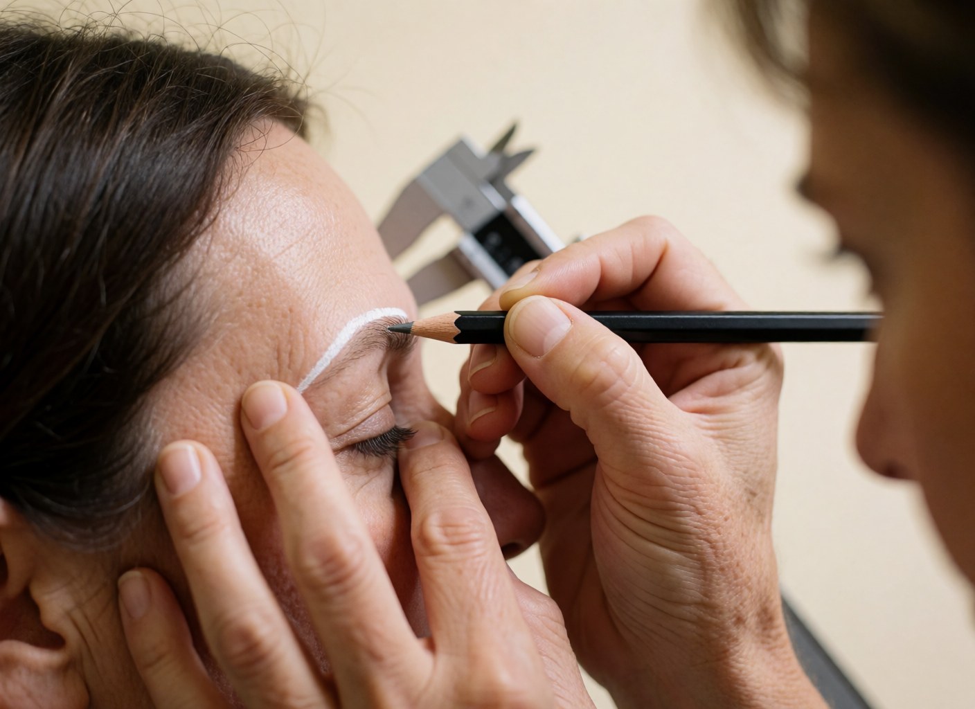 Un professionnel trace une ligne blanche avec un crayon sur le sourcil d'une cliente, un calibreur métallique visible en arrière-plan dans un salon de microblading.