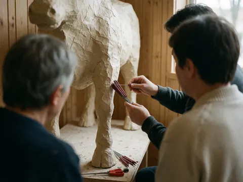 Des mains fixent des mèches d'étincelles sur une vache en papier mâché dans un atelier aux murs de bois et à la lumière naturelle pour les organisateurs de mariages.