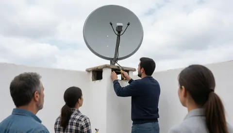 Un technicien installe une antenne satellite sur un mur blanc pendant que trois clients observent la prestation de service.