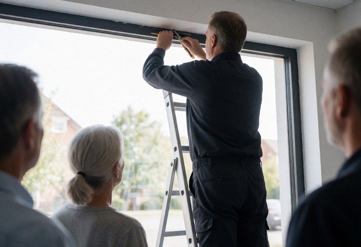 Technicien sur échelle ajustant une fenêtre isolante à l'intérieur, avec outils et trois personnes observant le service.