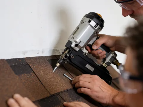 Détail d'un installateur utilisant un cloueur pneumatique pour fixer une tuile en asphalte sur un toit, montrant l'outil et le matériau en action.