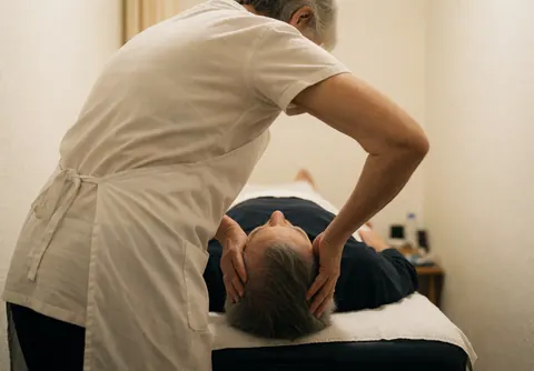 Une praticienne effectue un quiromassage en ajustant la tête du patient allongé sur une table de massage dans un espace aux murs chaleureux et à la lumière douce.