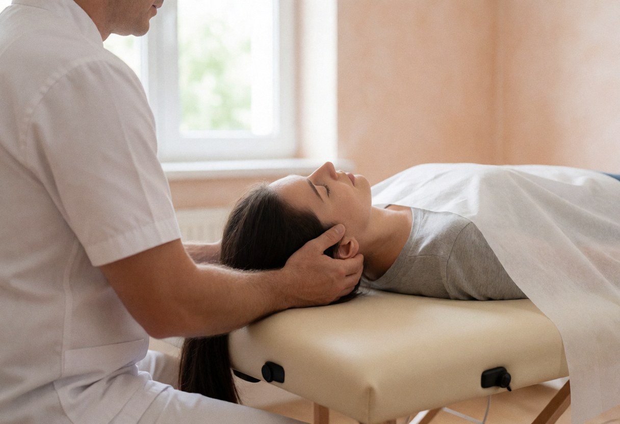 Ostéopate effectuant une manipulation crânienne sur un patient allongé sur une table de traitement dans un cabinet lumineux aux murs clairs.