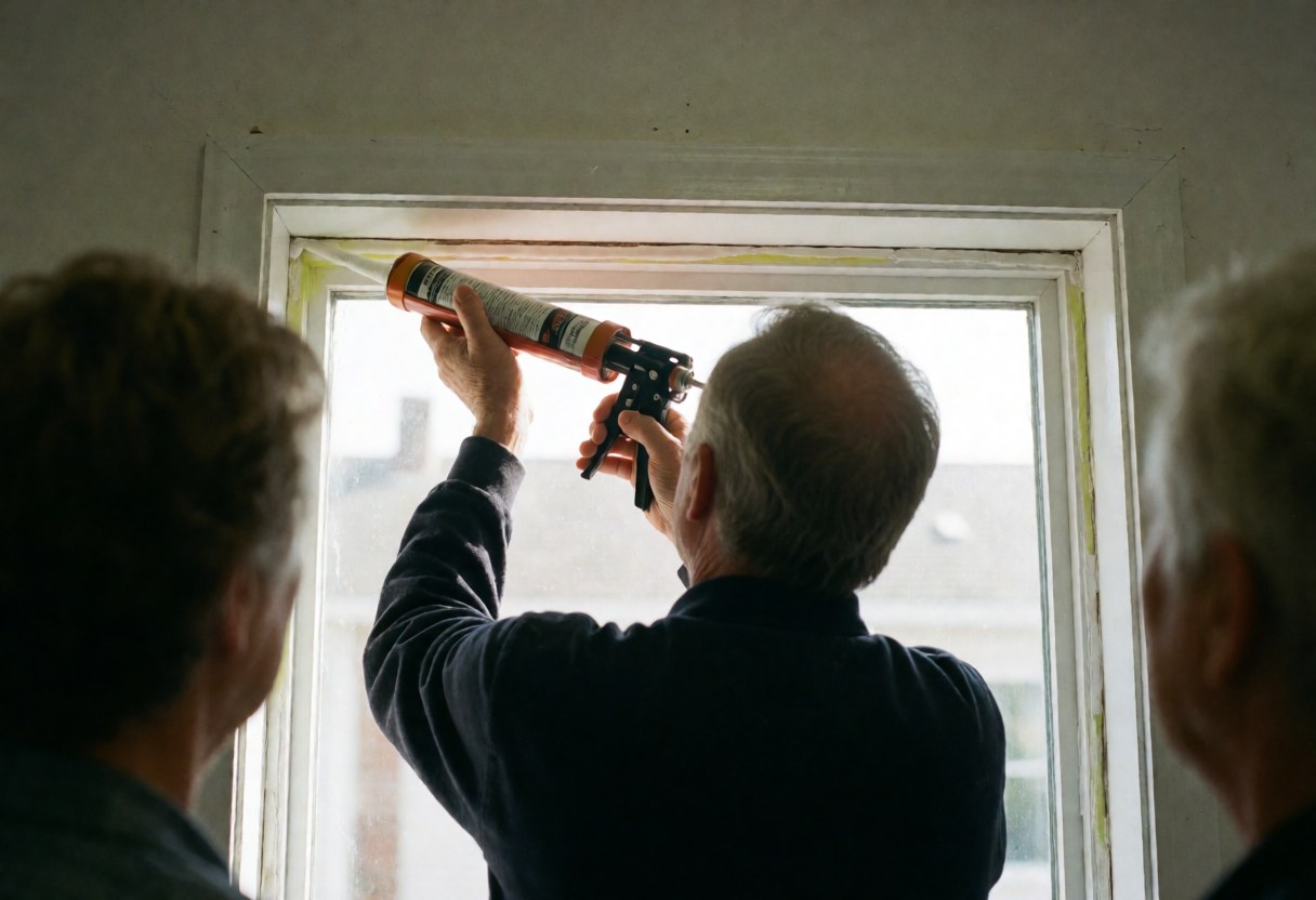 Technicien appliquant du mastic sur un cadre de fenêtre avec deux personnes observant dans une maison.