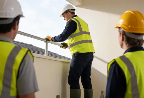 Un ouvrier en tenue de sécurité installe une barrière métallique sur un toit, tandis que d'autres personnes observent les travaux de construction en cours.