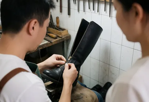 Un cordonnier travaille sur une botte en cuir noir en y cousant une fermeture éclair, avec des outils visibles sur un mur carrelé blanc.