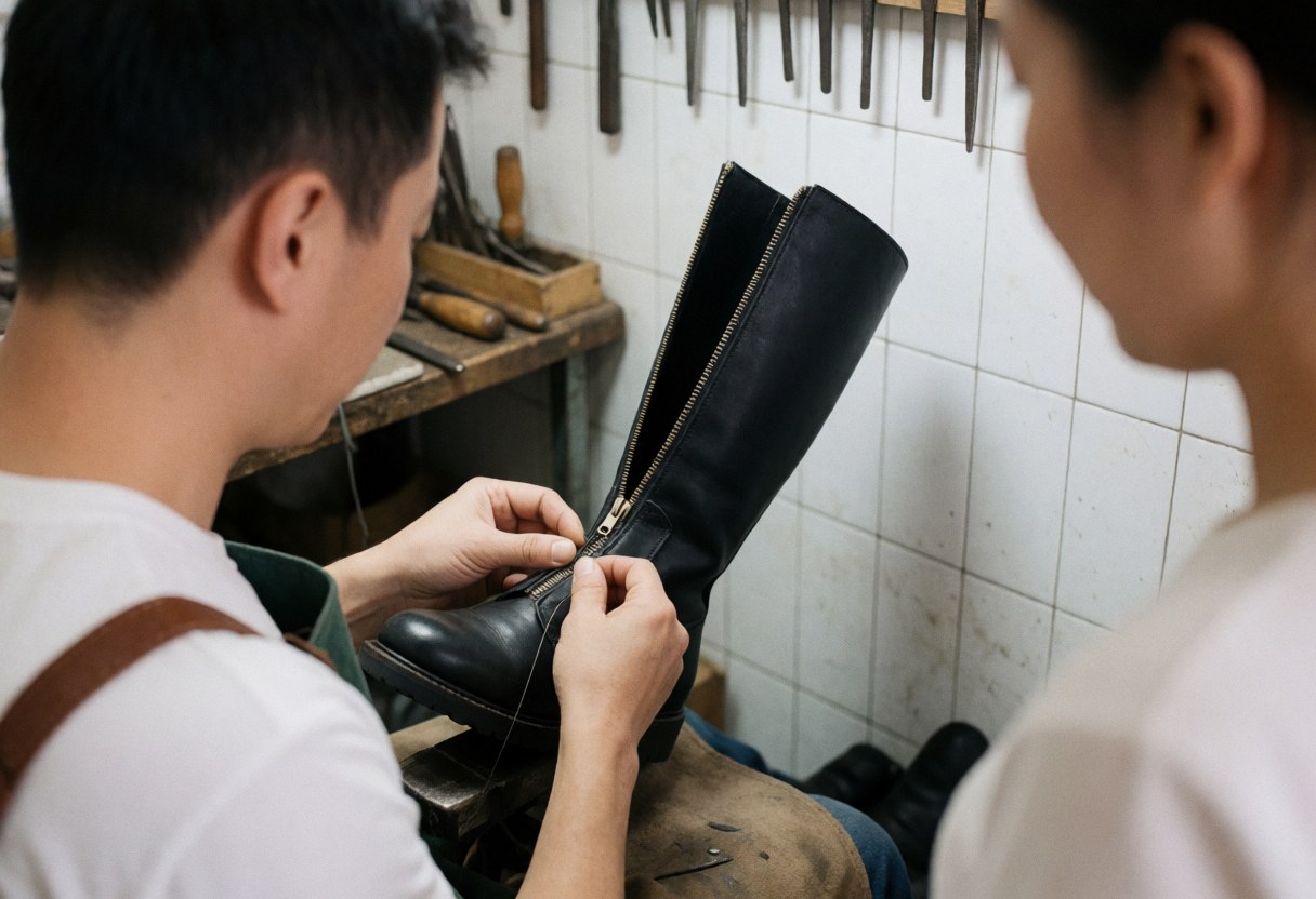 Un cordonnier travaille sur une botte en cuir noir en y cousant une fermeture éclair, avec des outils visibles sur un mur carrelé blanc.