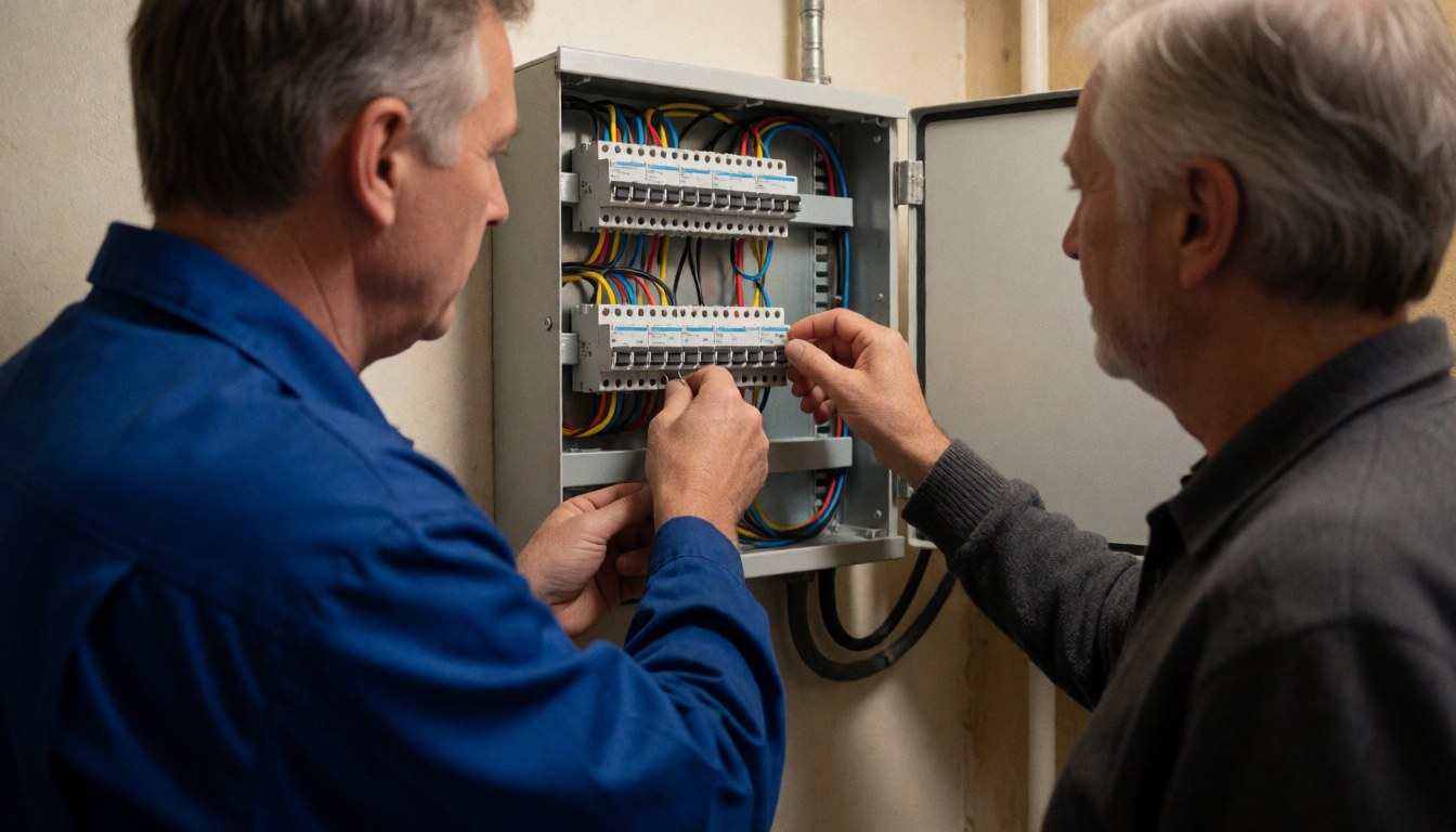 Deux techniciens effectuent ensemble une installation de systèmes électriques en manipulant des câbles colorés à l'intérieur d'un coffret mural sur un chantier.