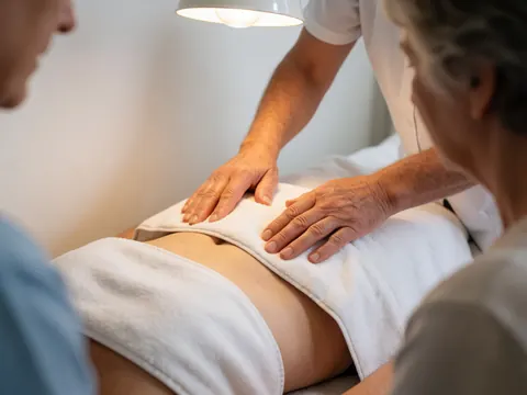 Thérapeute appliquant une serviette blanche chaude sur l'abdomen d'un patient lors d'une séance d'acupuncture dans un cabinet lumineux.