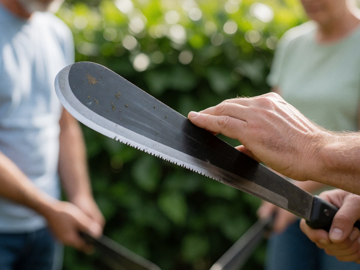 Machete aux dents tranchantes tenu à la main, arrière-plan de feuillage vert, lumière naturelle vive, idéal pour la réparation d'outils.