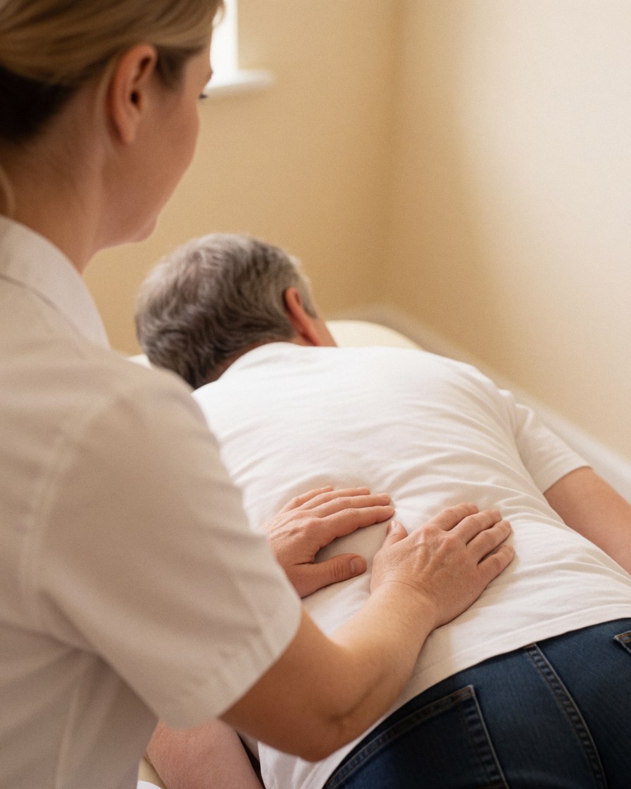 L'ostéopate réalise une manipulation sur le dos d'un patient allongé, dans un cabinet lumineux aux murs clairs.